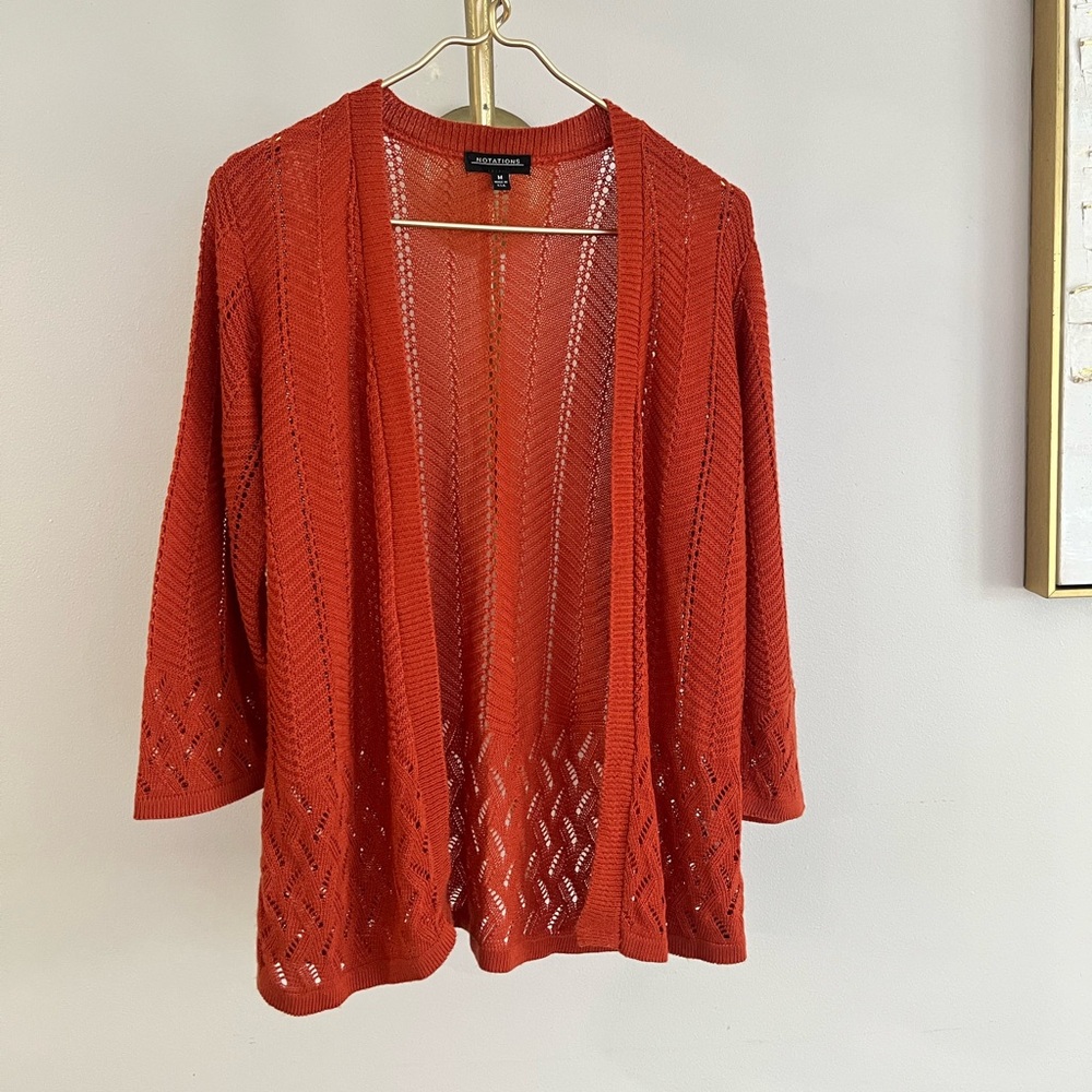Notations Vibrant Orange boho festival  Open-Knit rust fall casual Cardigan M